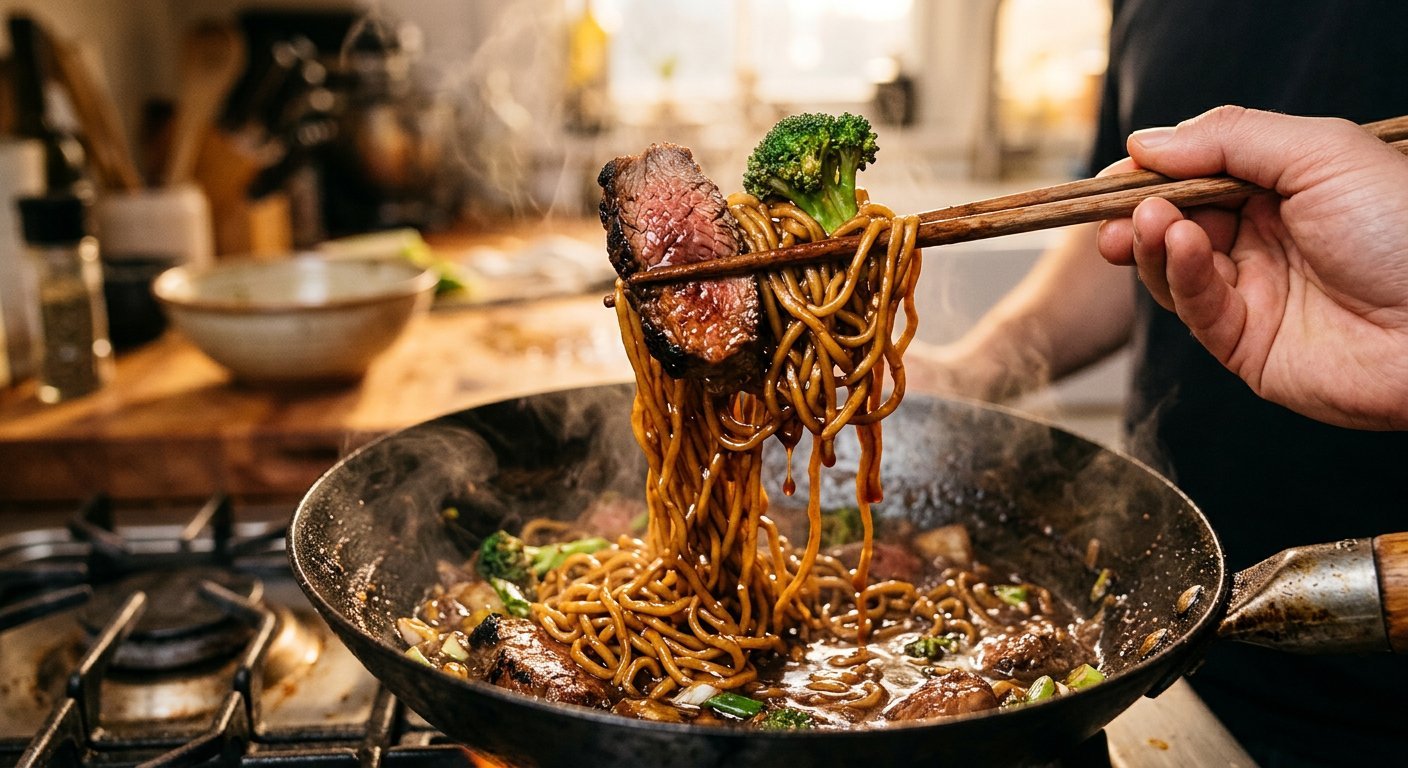 Chopsticks lifting glossy ramen noodles with beef and broccoli from a wok