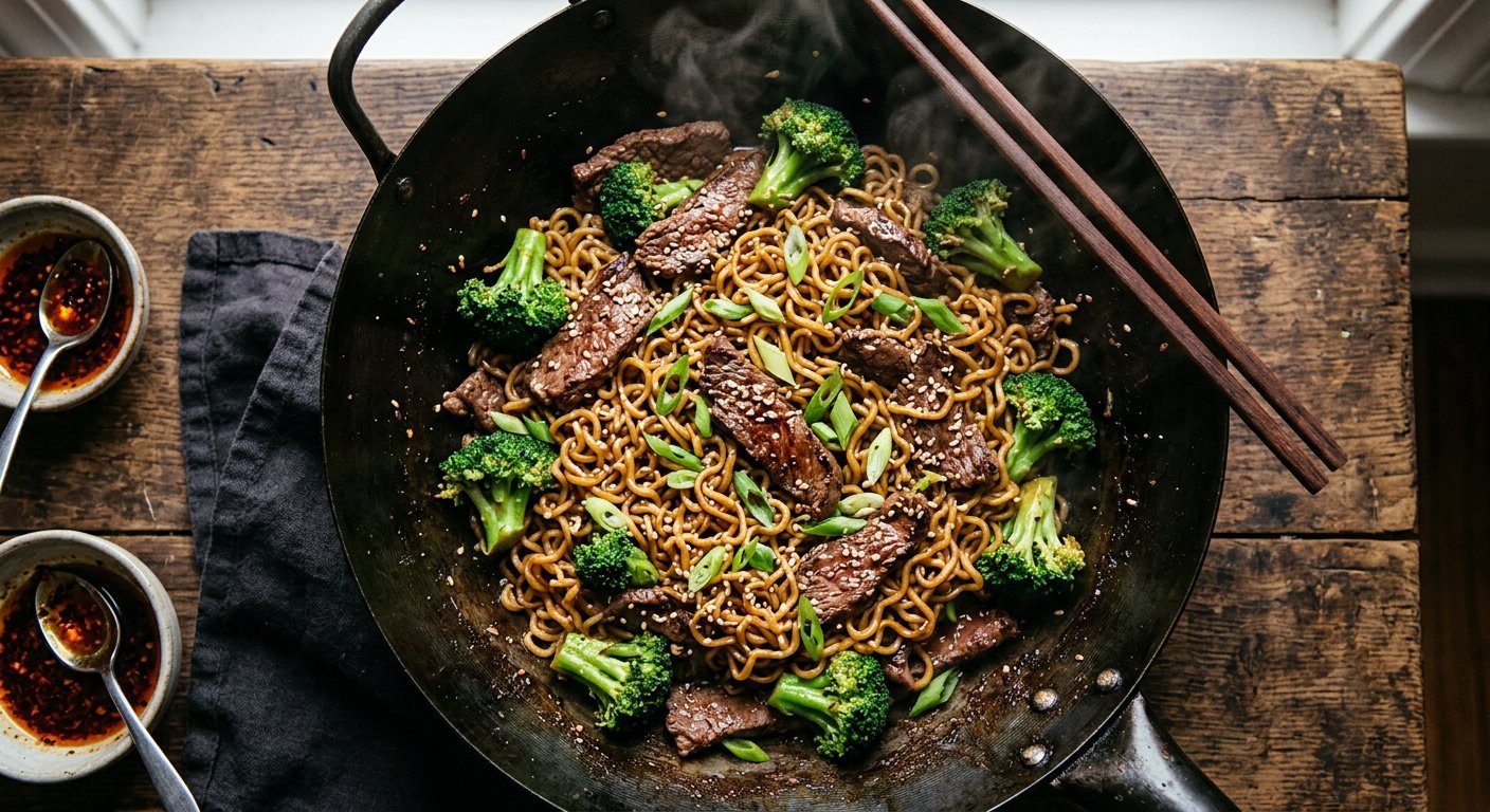 Beef and broccoli ramen stir fry in a black wok with sesame seeds and scallions