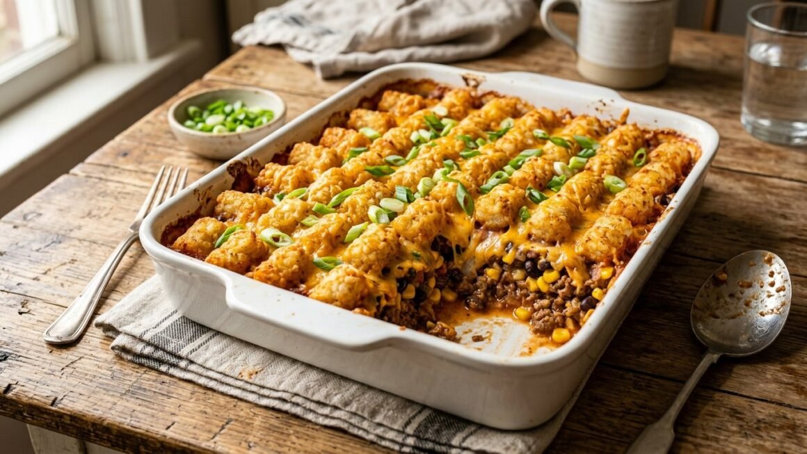Cowboy casserole with golden tater tots and melted cheddar in a white baking dish