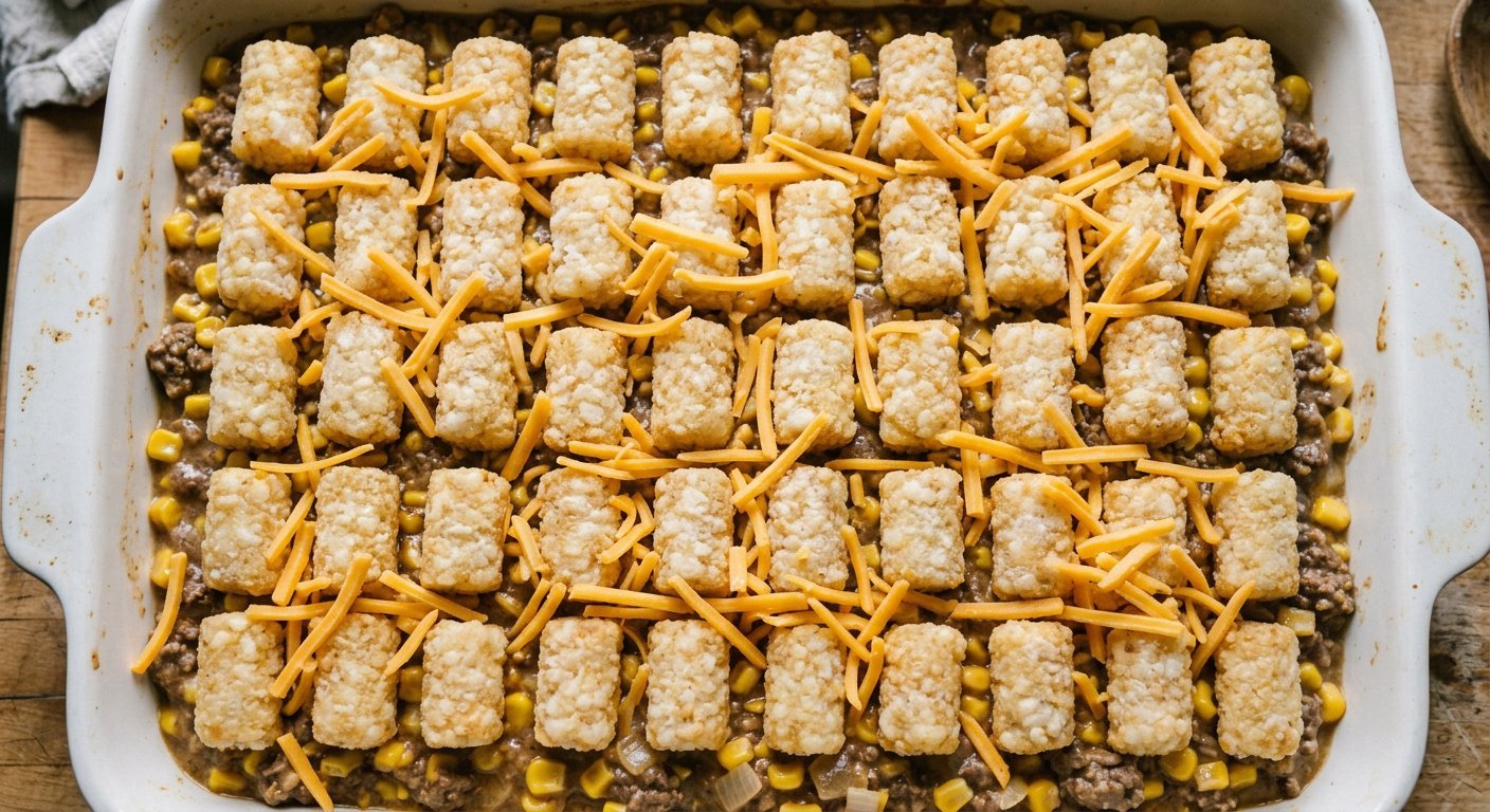 Rows of frozen tater tots arranged over ground beef casserole before baking