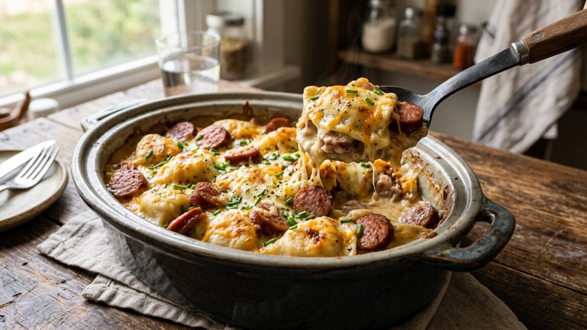 Crockpot pierogi casserole with sliced kielbasa melted cheese and chives