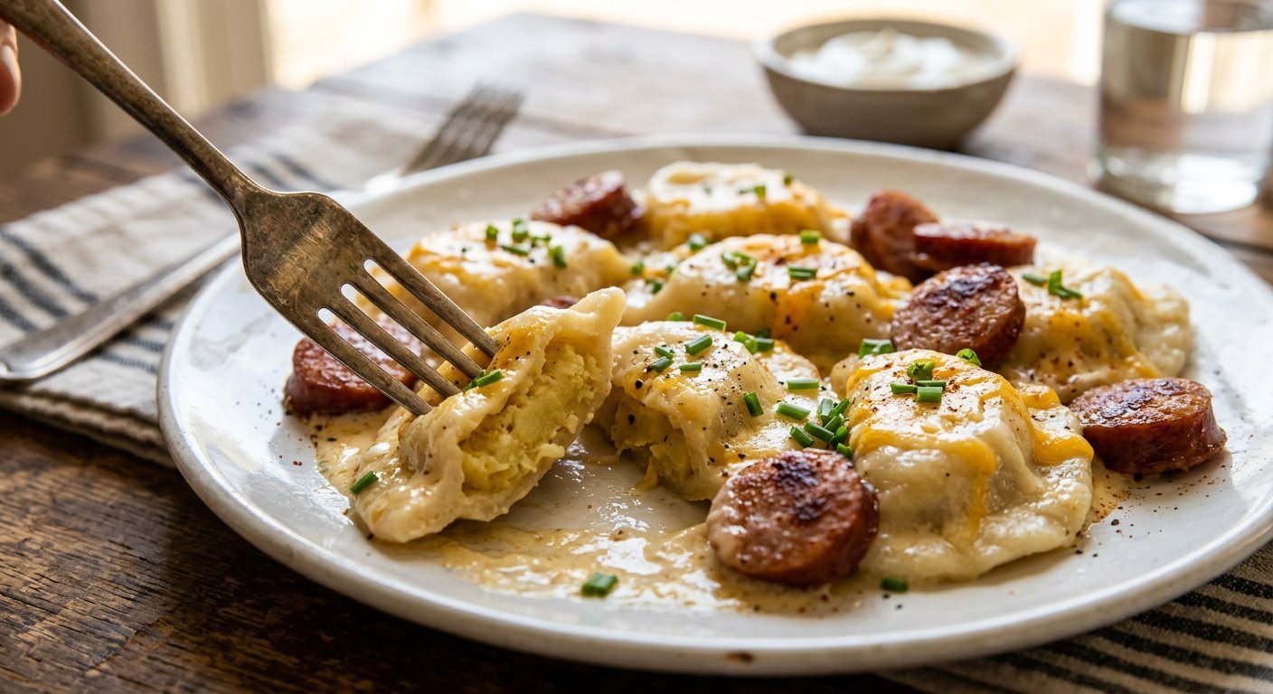 Plate of pierogi and kielbasa in creamy sauce with a fork cutting into one