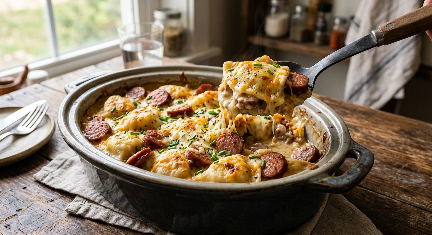 Crockpot pierogi casserole with sliced kielbasa melted cheese and chives