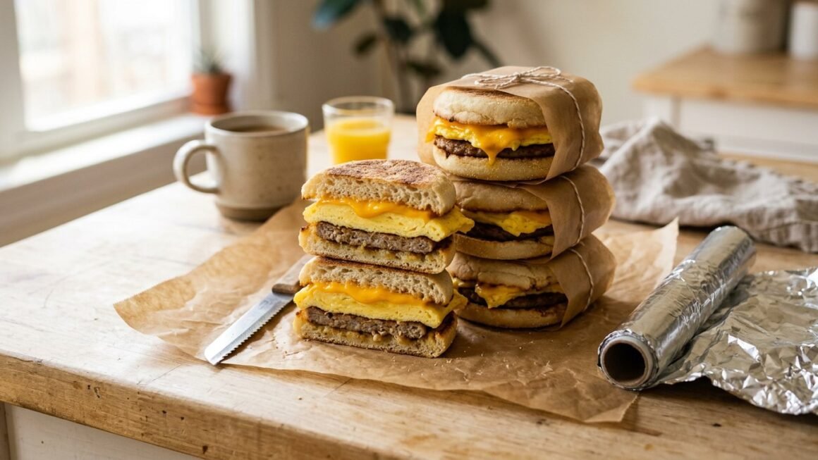 Stack of breakfast sandwiches with egg cheese and sausage on English muffins