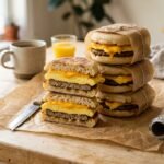 Stack of breakfast sandwiches with egg cheese and sausage on English muffins