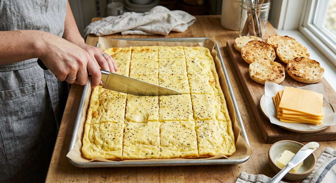 Sheet pan of baked eggs being cut into squares for breakfast sandwiches