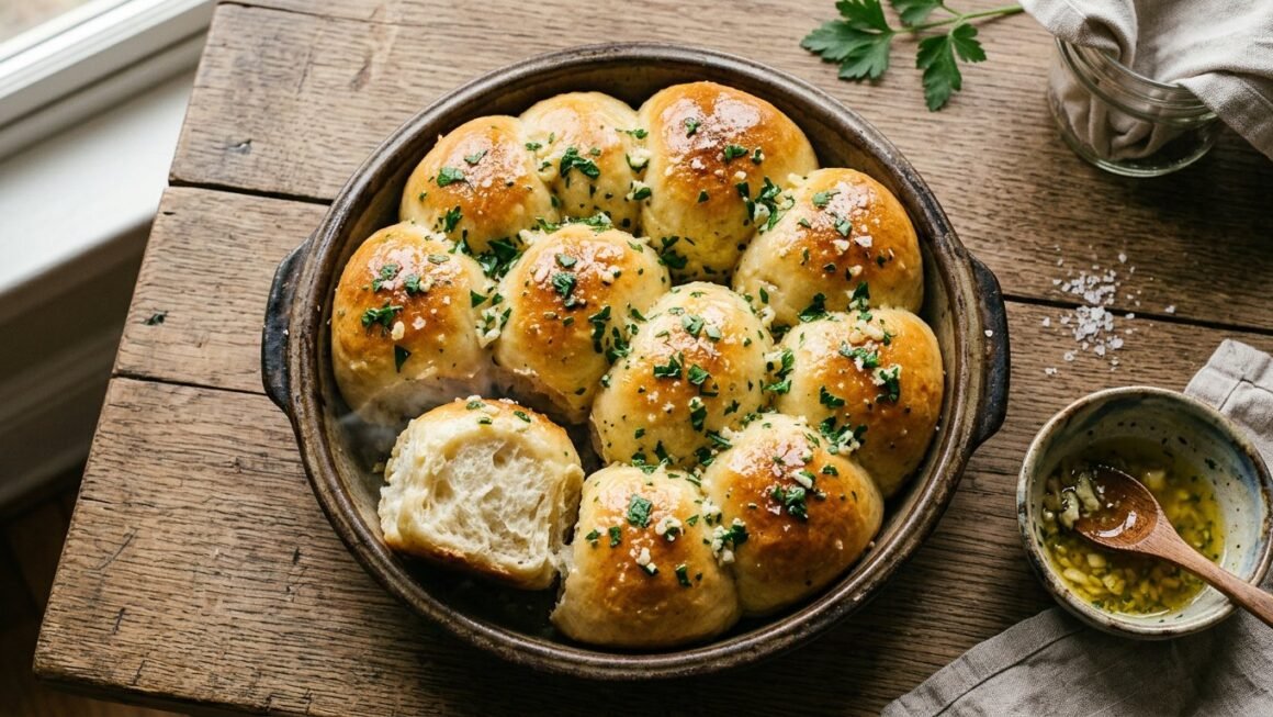Golden pull-apart garlic butter bread rolls in a baking dish with parsley
