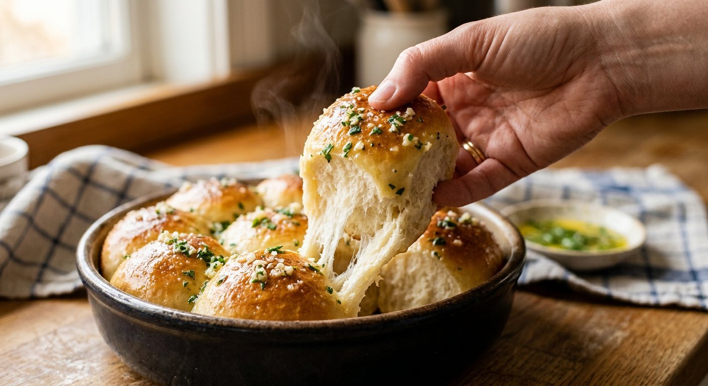 Hand pulling a soft garlic butter roll away showing the fluffy interior