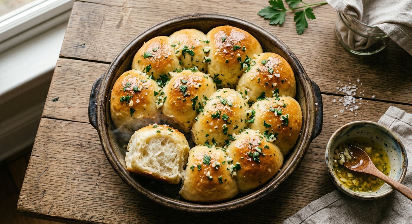 Golden pull-apart garlic butter bread rolls in a baking dish with parsley