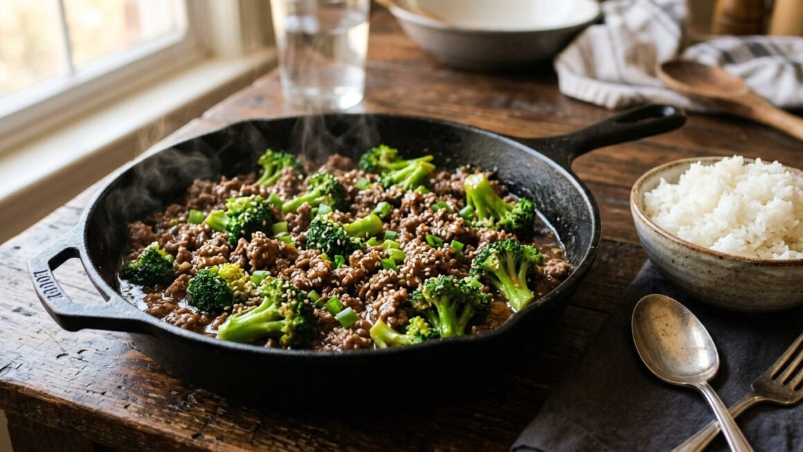 Ground beef and broccoli in a glossy brown sauce in a black skillet with sesame seeds
