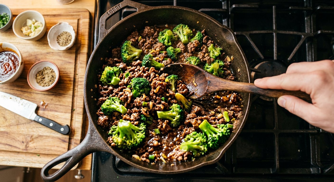Ground beef and broccoli being tossed with a wooden spoon in glossy sauce