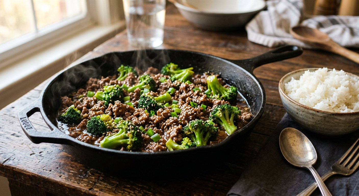 Ground beef and broccoli in a glossy brown sauce in a black skillet with sesame seeds
