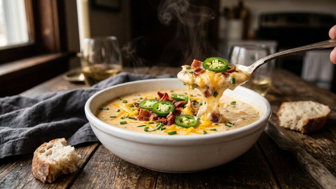 Creamy jalapeno popper soup topped with bacon, sliced jalapenos and chives