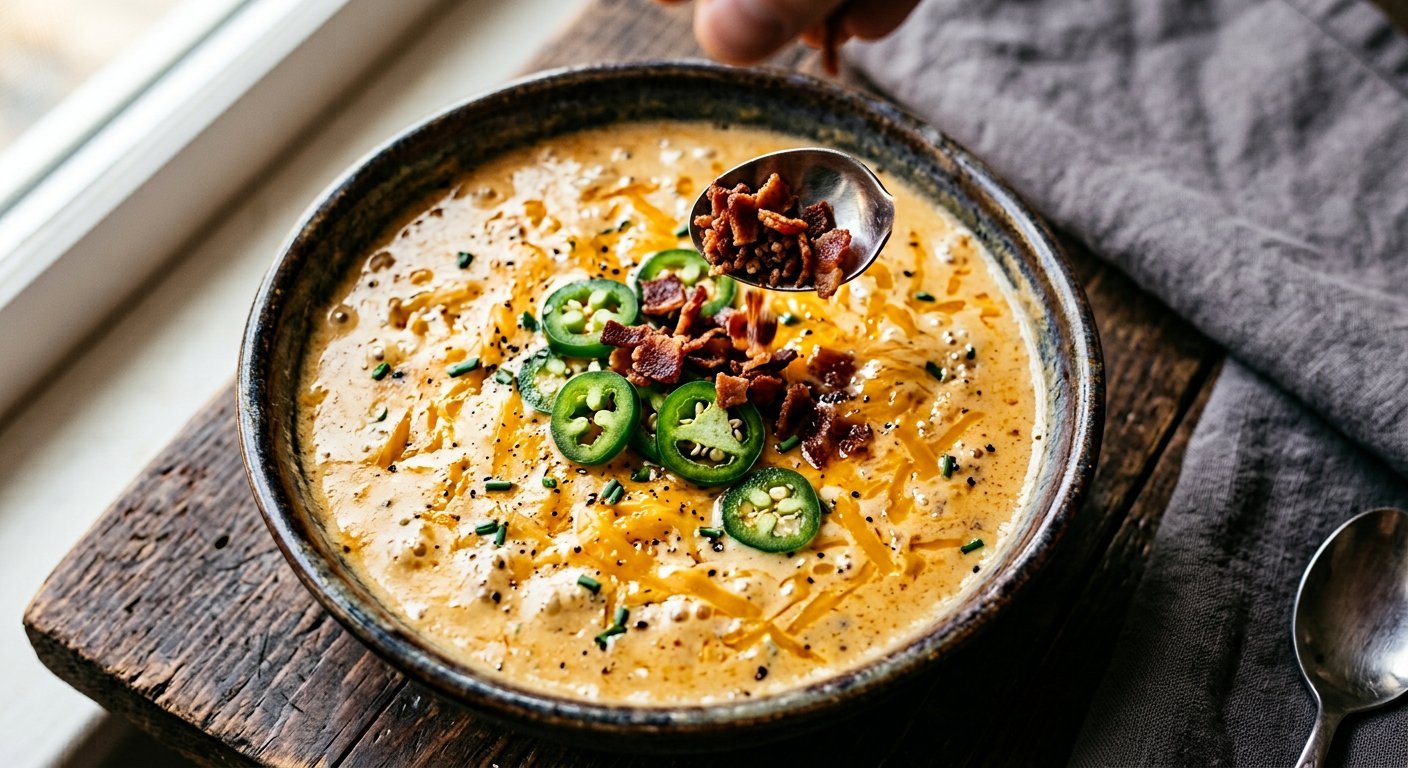 Crumbled bacon and sliced jalapenos scattered over creamy cheesy soup