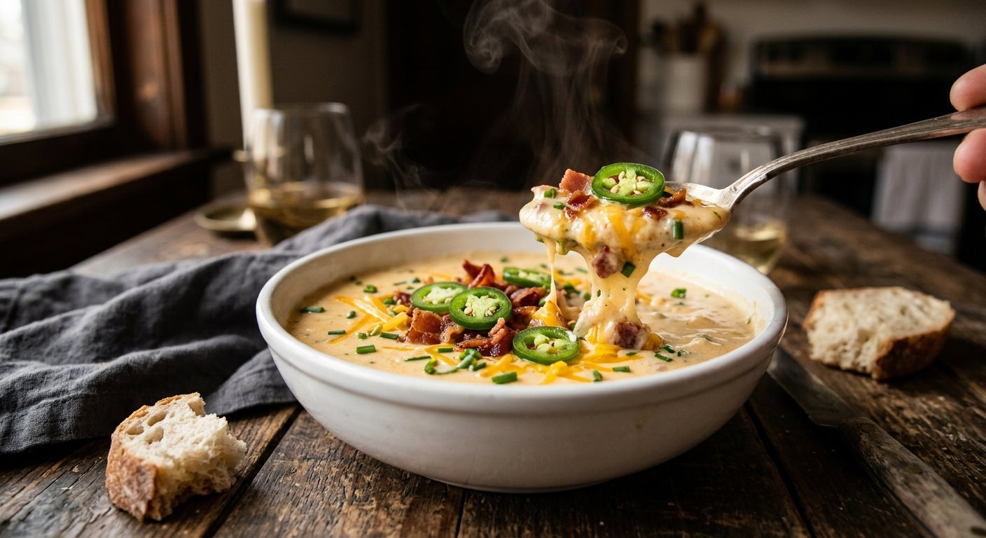 Creamy jalapeno popper soup topped with bacon, sliced jalapenos and chives