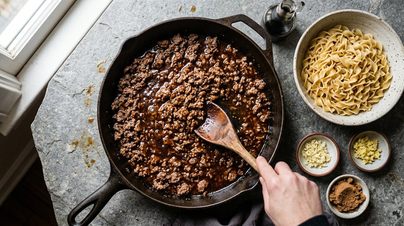 Browned ground beef being stirred into dark glossy sauce in a skillet