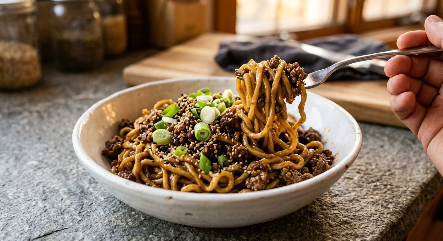 Mongolian ground beef noodles in a white bowl with scallions and sesame seeds