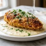 Golden parmesan crusted chicken breast on creamy garlic sauce