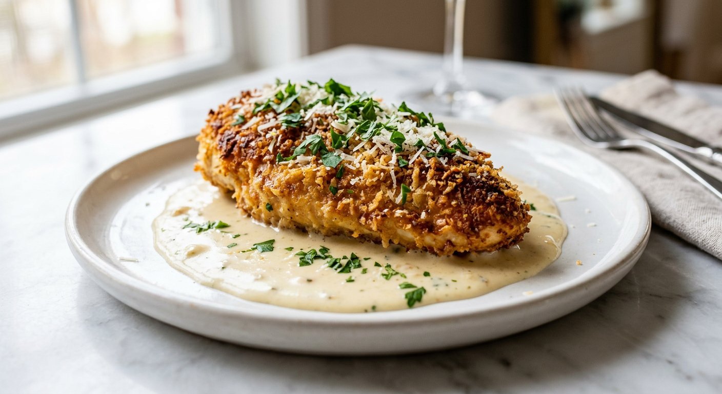 Golden parmesan crusted chicken breast on creamy garlic sauce