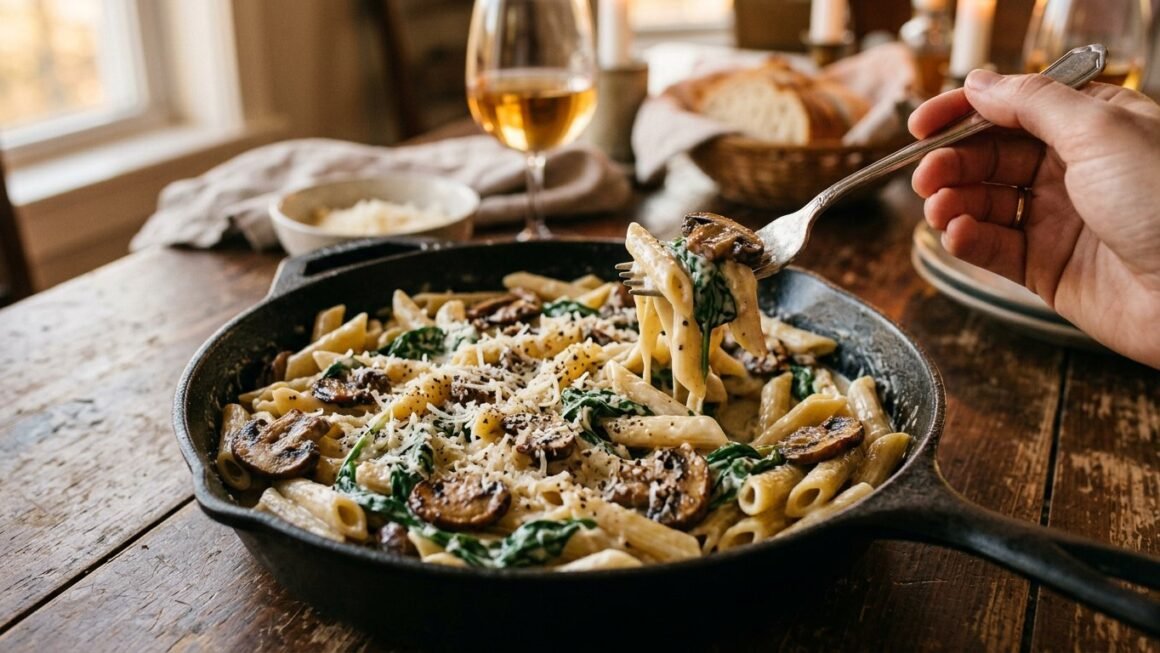 Creamy parmesan spinach and mushroom pasta in a skillet with grated cheese