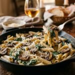 Creamy parmesan spinach and mushroom pasta in a skillet with grated cheese
