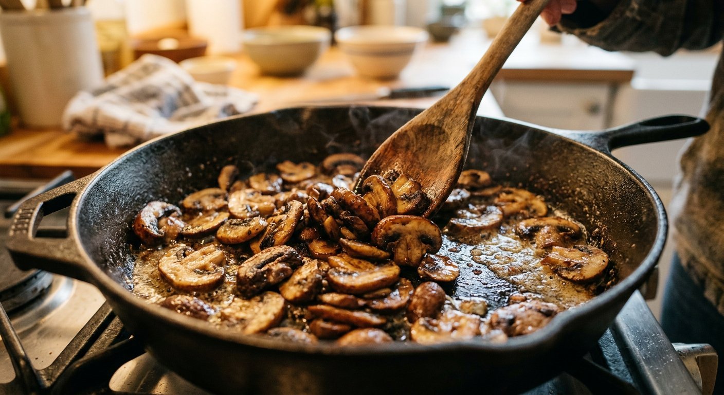 Sliced mushrooms browning deeply golden in a hot skillet with butter