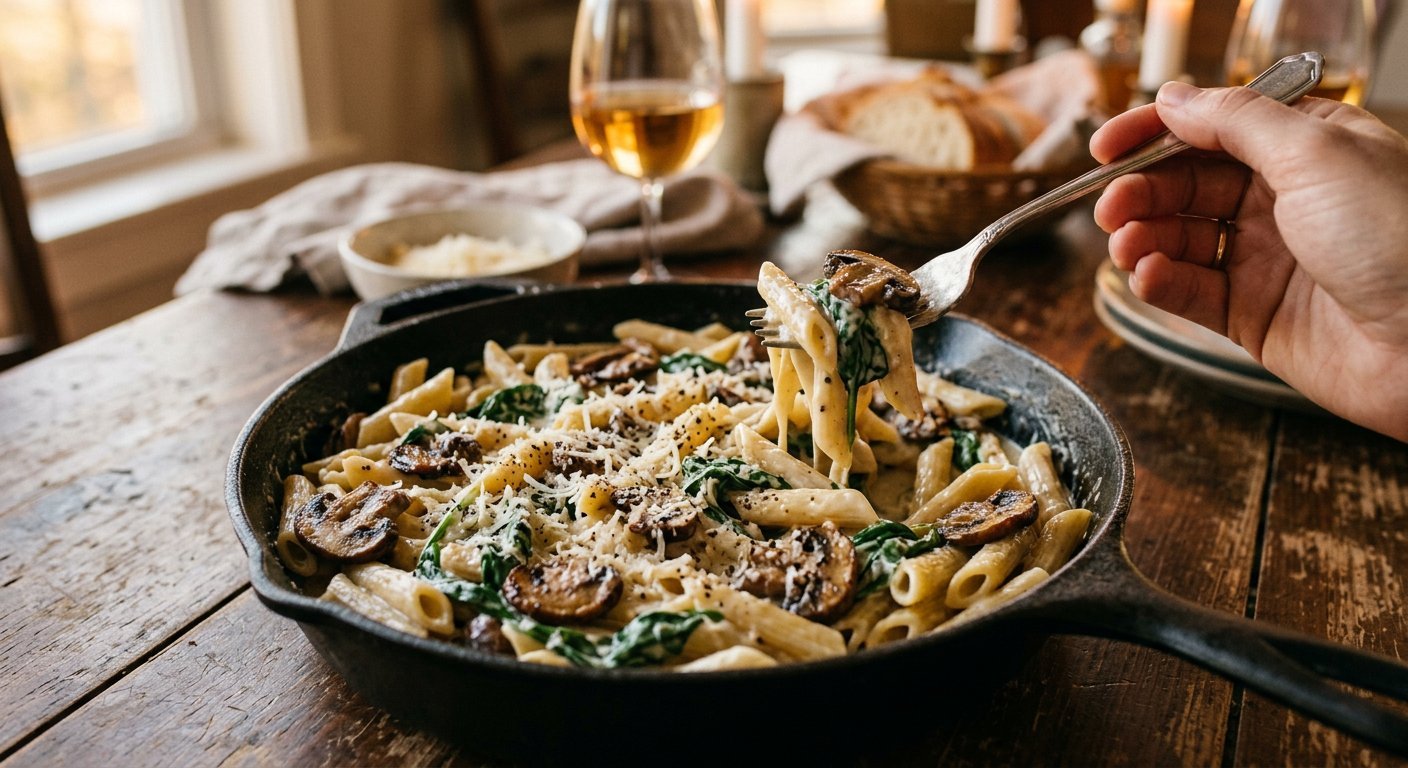 Creamy parmesan spinach and mushroom pasta in a skillet with grated cheese