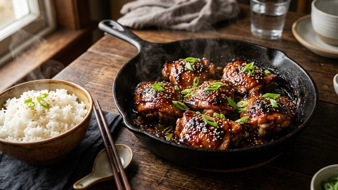 Glossy teriyaki chicken thighs in a skillet with sesame seeds and green onion