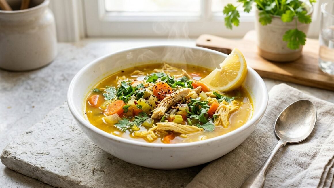 Golden turmeric chicken soup with shredded chicken carrots and cilantro in a white bowl