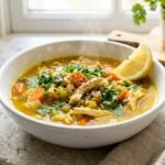 Golden turmeric chicken soup with shredded chicken carrots and cilantro in a white bowl