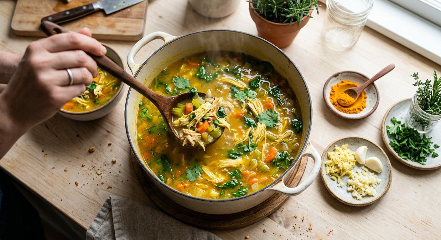 Dutch oven of golden turmeric chicken soup being ladled with spices beside