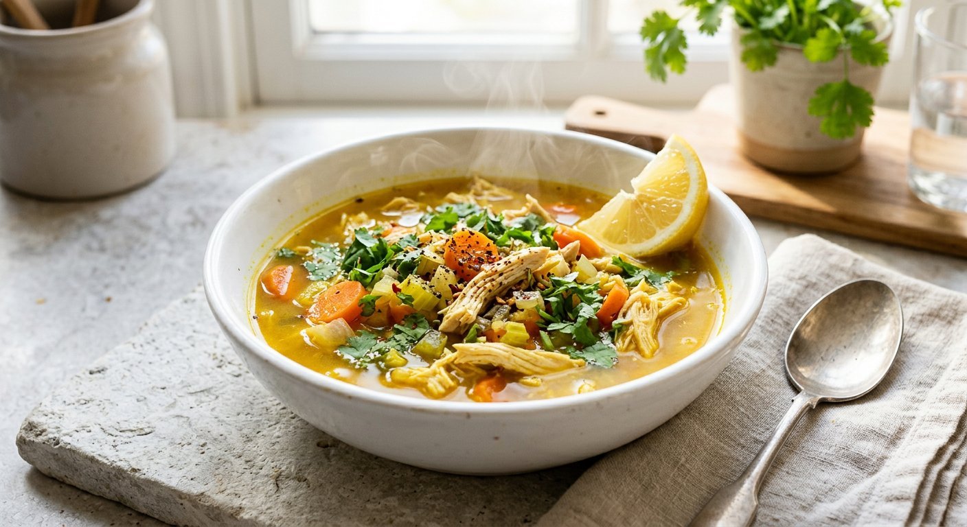 Golden turmeric chicken soup with shredded chicken carrots and cilantro in a white bowl
