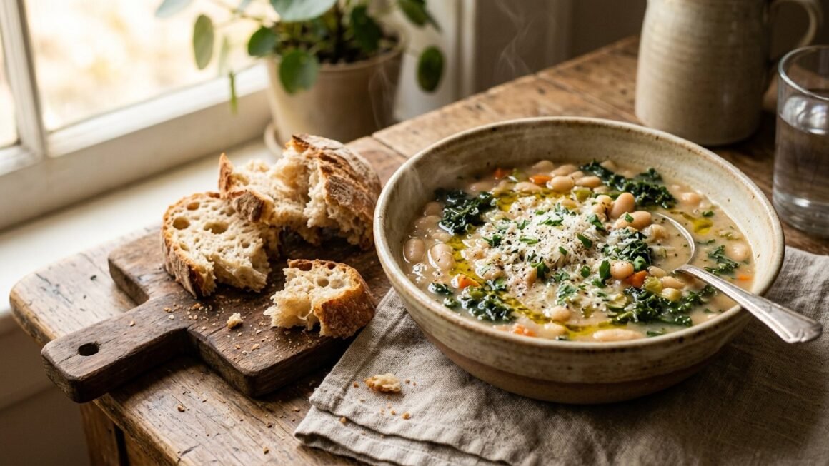 Bowl of Tuscan white bean soup with kale, cannellini beans and parmesan
