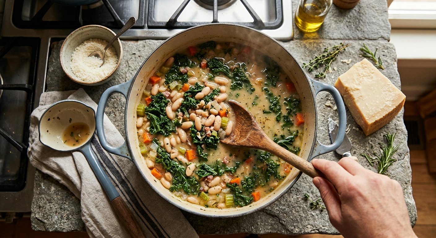 Dutch oven of Tuscan white bean soup being stirred with a wooden spoon