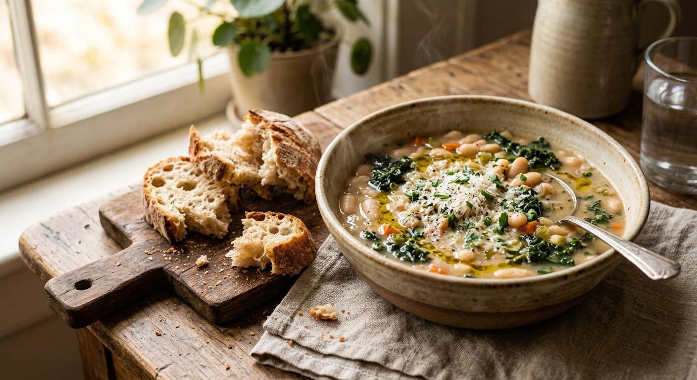 Bowl of Tuscan white bean soup with kale, cannellini beans and parmesan